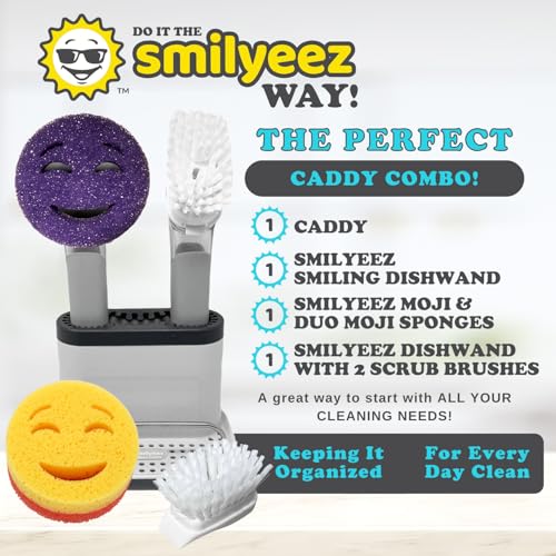 The Original Smiling Handle with Soap Dispensing for Scrub Daddy (Reg. TM) Sponge and Scrub Moji Sponge, Smile Caddy, and 2 Scrub Mojis (White/Grey Wands) - style: White / Grey Brush