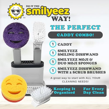 The Original Smiling Handle with Soap Dispensing for Scrub Daddy (Reg. TM) Sponge and Scrub Moji Sponge, Smile Caddy, and 2 Scrub Mojis (White/Grey Wands) - style: White / Grey Brush