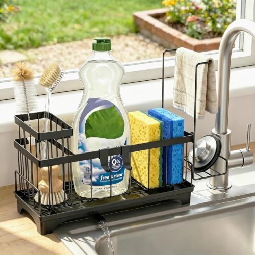 Sponge Holder for Kitchen Sink, Self-Draining Sink Caddy with Detachable Cloth & Dish Brush Rack, Metal Sponge Caddy Organizer for Kitchen Countertop Organizers and Storage Accessories, Black - color: Black