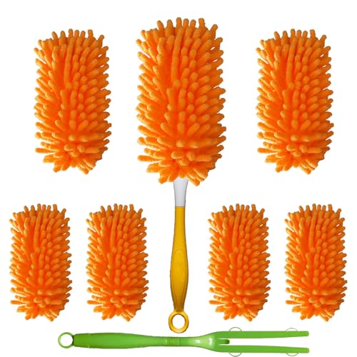 Reusable Duster for Swiffer, 6 Refills + 1 Handle, Orange | 360 Heavy Duty Duster Refill, Compatible with Swiffer Hand Dusters, For Dusting Furniture, Blinds, Ceiling Fans, Walls - size: 6 dusters + 1 Handle Orange