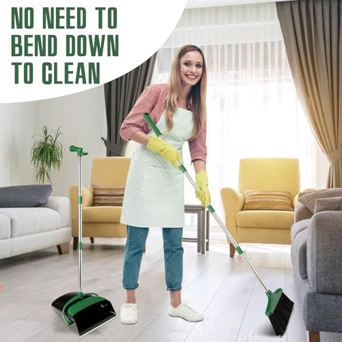 Broom and Dustpan Set with Long Handle, Light Weight Stainless Steel Poles Stand Upright Dustpans with Broom Combo for Home Kitchen Office Pet Dog Hair, 1-Pack(Black Green) - color: Black Green