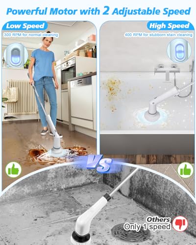 Electric Spin Scrubber Cordless,Power Scrubber Shower Cleaning Brush 400rpm,Bathroom Scrubber with 6 Replaceable Drill Brush Head, Adjustable Long Handle IPX6 for Clean Tile Tub Grout Toilet Car