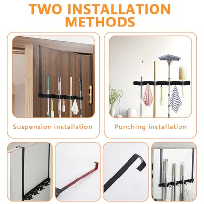 Broom Holder Over the Door with Hooks, Wall Mount Mop and Broom Holder, Stainless Steel Hanging Over the Door, Easy to Install Broom Storage Tool Organizer for Garage Closet Laundry