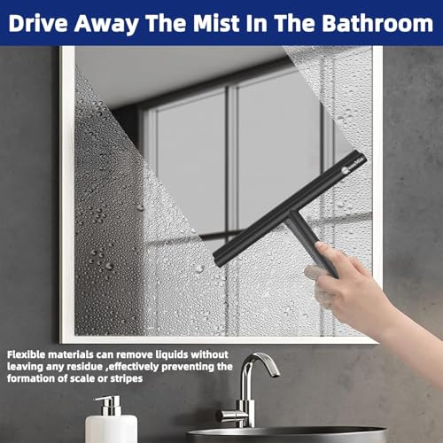 9 Inch Shower Squeegee with Hook & Suction Cup, Stainless Steel Core Silicone Rubber Wiper, Streak-Free Cleaner for Shower Doors, Windows, Mirrors, Tile & Car Glass (Black) - size: Round Head-9 inch