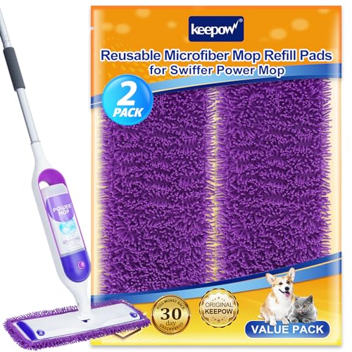 KEEPOW Reusable Power Mop Pads Compatible with Swiffer PowerMop, 2 Pack | Microfiber Power Mop Refills for 13 ''-15 '' Spray Mop, Machine Washable Pad Replacement for Multi-Surface Floor Cleaning - color: Purple-2 Pack