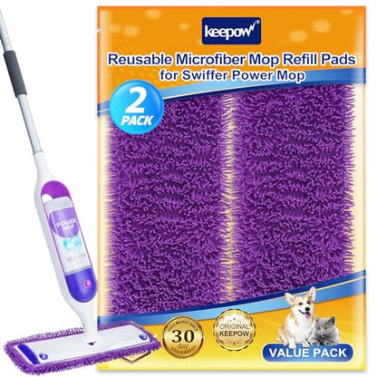KEEPOW Reusable Power Mop Pads Compatible with Swiffer PowerMop, 2 Pack | Microfiber Power Mop Refills for 13 ''-15 '' Spray Mop, Machine Washable Pad Replacement for Multi-Surface Floor Cleaning - color: Purple-2 Pack