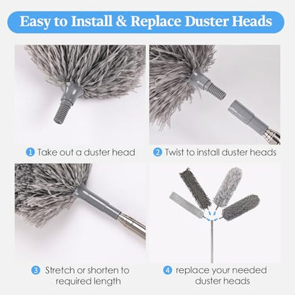 Microfiber Feather Duster Kit with Extension Pole, 7 PCS Washable Reusable Duster for Cleaning, 100'' Bendable Extendable Long Duster with Stainless Steel Pole for High Ceilings, Fans, Furniture & Car - size: 7PCS: Gap Brush & Chenille Duster & Gloves Set