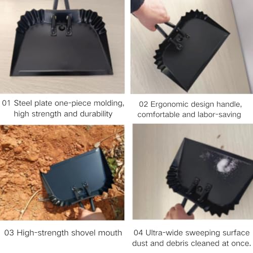 2 Pack Metal Dustpan and Brush Set - 12in Heavy Duty Steel Dust Pan with Handle, Handheld Dustpan Wide Scooper for Indoor, Outdoor, Fireplace