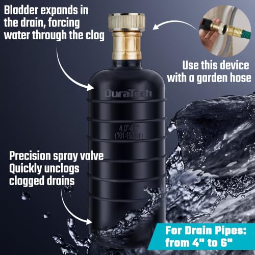 DURATECH Drain Bladder, Large Drain Cleaning Bladder, Fits 4" to 6" Drain Pipes, Unclogs Stubborn Blockages in Kitchen Sinks, bathtubs, Showers, and Main drains - style: Large
