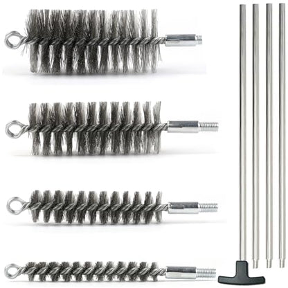 50 in Pipe Cleaning Brush Set with Stainless Steel Bristles, Wire Brush with 4pcs Galvanized Rod, Stainless Steel Pipe Brush 4pcs for Auto Parts, Bottles, Tubes. (3/5, 1, 1 3/5, 2 in Brush Heads)
