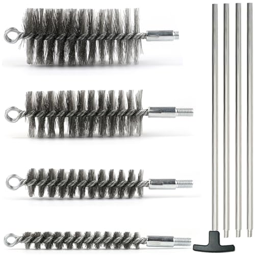 50 in Pipe Cleaning Brush Set with Stainless Steel Bristles, Wire Brush with 4pcs Galvanized Rod, Stainless Steel Pipe Brush 4pcs for Auto Parts, Bottles, Tubes. (3/5, 1, 1 3/5, 2 in Brush Heads)