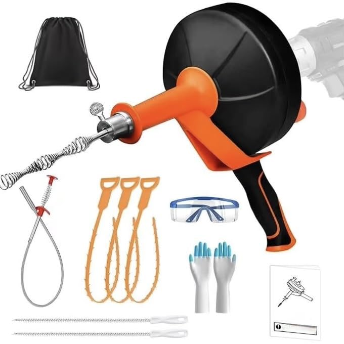 Drain Auger 33ft Drain Clog Remover with Drill Adapter, Flexible Plumbing Snake for Kitchen, Bathroom & Shower Sinks, Hair Clog Remover, Manual or Drill Powered, Full Set Included