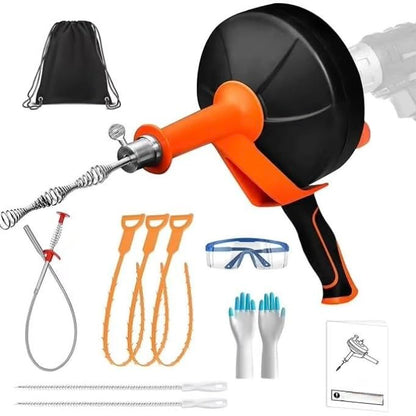 Drain Auger 33ft Drain Clog Remover with Drill Adapter, Flexible Plumbing Snake for Kitchen, Bathroom & Shower Sinks, Hair Clog Remover, Manual or Drill Powered, Full Set Included