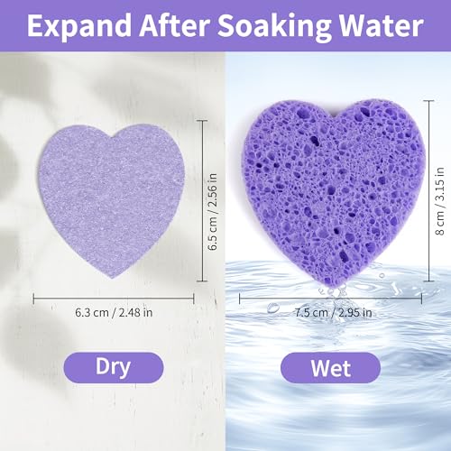 100-Count Compressed Facial Sponges, Heart Shape Face Sponge for Cleansing, Natural Cosmetic Spa Sponges for Facial Cleansing, Exfoliating Mask (Purple Heart Sponges) - color: Purple