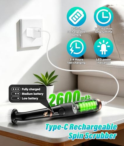 2026 Upgraded Cordless Electric Spin Scrubber, 360° High-Torque Rotation, 3 Speed, 2600mAh Rechargeable, IPX7 Waterproof with 11 Brush Heads, Cleaning Brush for Grout, Tiles, Sinks, Crevices