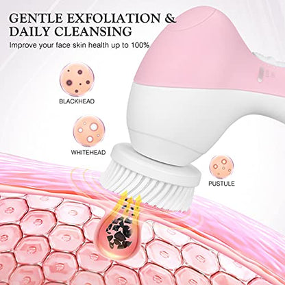 COSLUS Facial Cleansing Brush Silicone Face Scrubber: 7 in 1 FBS-D Electric Exfoliating Rotating Massage Device Waterproof Deep Cleaning Exfoliation Spa Machine - Electronic Skin Care Wash System - color: Pink, size: With 7 brush heads
