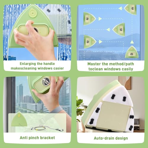 Double-Sided Magnetic Window Cleaner, Green | Adjustable Magnetic Double Window Wiper, Fits 3-30mm Glass Thickness, 2.5m Safety Rope for High-Rise & Auto Glass - color: Green
