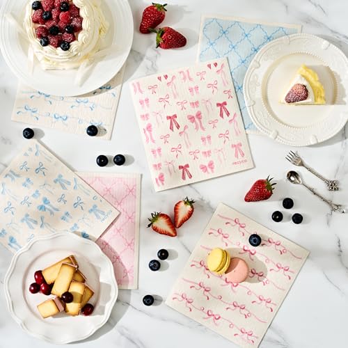 RECYCO Swedish Dishcloths for Kitchen | 6 Packs Lovely Bows Washable Dish Rags | Cellulose Reusable Cleaning Paper Towels | Absorbent Counter Dish Cloth Sponge Kitchen Wipes, 8" L x 7" W - color: Lovely Bows - 6 Pack