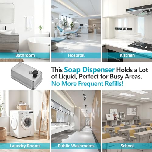 Commercial Soap Dispenser Wall Mount, 1100ML Stainless Steel Wall Mount Soap Dispenser, Leak-Proof Manual Pump for Bathroom Kitchen Office, Silver - size: 37.19 fl.oz./ 1100ml