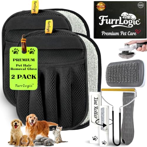 Pet Hair Remover Kit - Premium Pet Hair Removal Glove (2pk) - Self Cleaning Slicker Brush - Travel Lint Roller - Copper Carpet Rake for a Clean Home & Happy Pets!