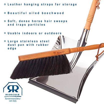 REDECKER Horsehair Fiber Hand Brush and Dust Pan Set - Wooden Broom and Dustpan Set for Home - Outdoor Dust Pan and Brush - Oiled Beechwood Handles - Large Capacity Stainless Steel Dust Pan