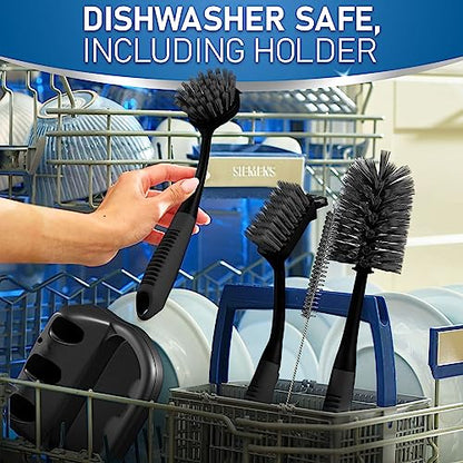 Dish Brush Set of 5 with Holder - Kitchen Scrub Brushes with Non-Slip Long Handle for Cleaning, Scrubber, Dishwashing, Dishes, Bottles, Straws, Cups, Pots & Sink, Black - color: Black, Set of 5 With Holder
