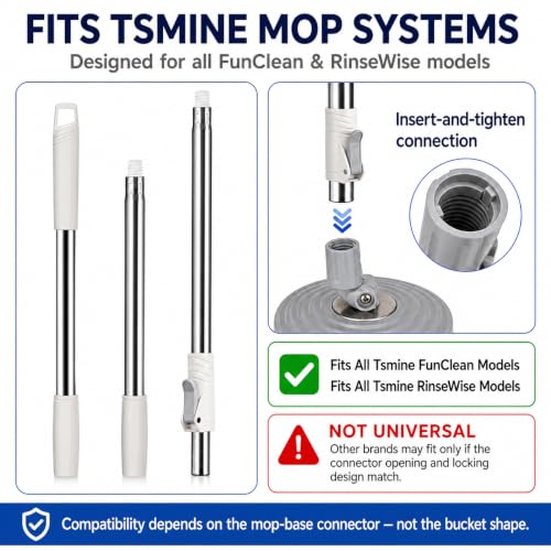 RinseWise Spin Mop Replacement Handle Only, 3-Section Stainless Steel Pole with 35/49/61 in Length Options, Fits All Tsmine FunClean Models, Not Universal, No Mop Head, Base or Bucket - White - color: White