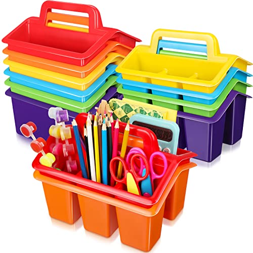 WILLBOND 12 Pcs Classroom Storage Caddies Stackable Utility Caddies with 4 Compartment Plastic Caddy with Handle Portable Storage Bins Organizers for Kids Schools Art Craft Supplies(Colorful) - color: Red, Orange, Yellow, Green, Blue, Purple