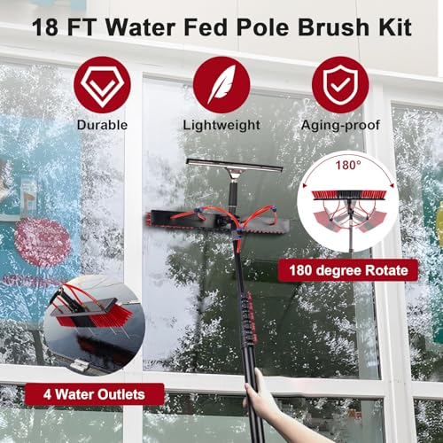 18FT Solar Panel Cleaning Brush & Squeegee Kit, Proffesional Window Washing Tool, 22in Wide Brush & 2 Dusting Brush, Water Fed Pole, Extendable Telescopic Pole for Roof Mounted Solar Panels - size: 18ft