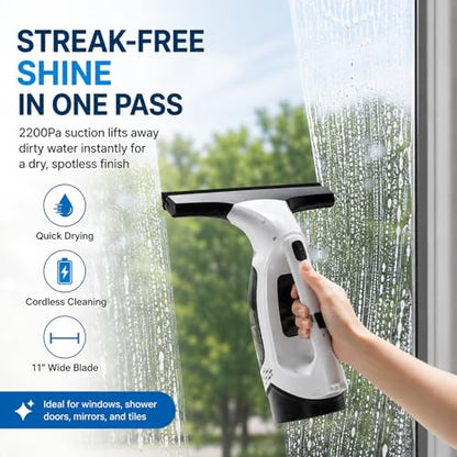 Cordless Window Vacuum Squeegee, Electric Glass Cleaner with Spray Bottle & Microfiber Pad, 2200Pa Suction, 11” Wide Blade for Streak-Free Shower Doors, Mirror, Tile, Car Windows (No Telescopic Rod)