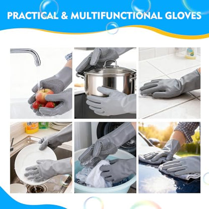 Silicone Dishwashing Gloves with Scrubber Bristles, Food-Grade Cleaning Mitts for Kitchen Dishes, Pet Grooming & Car Wash - color: Grey