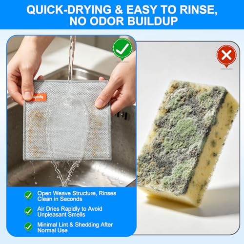 Non-Scratch Silver Mesh Dish Cloths, 12+1 Pack 3-Layer Metallic Fiber Cleaning Cloths for Kitchen, Diamond Weave Scrubber Pads for Dishes, Sinks & Cookware (7.87x7.87 Inches) - style: 3-Layer Silver Mesh