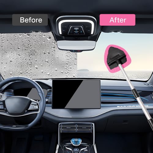 Qydipclin 10pcs Windshield Cleaner Tool, Car Window Cleaning Wash Kit with 4 Reusable Microfiber Pads 1 Spray Bottle and Extendable Handle Auto Glass Wiper Kit, Pink - color: Pink