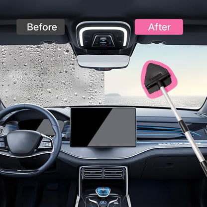Qydipclin 10pcs Windshield Cleaner Tool, Car Window Cleaning Wash Kit with 4 Reusable Microfiber Pads 1 Spray Bottle and Extendable Handle Auto Glass Wiper Kit, Pink - color: Pink