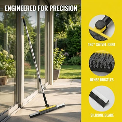 Floor Squeegee Scrubber, Squeegee Broom with 54” Adjustable Handle, Water Squeegee with Grout Brush,Shower Floor Scrubber for Garage Courtyard,Glass, Bathroom,Kitchen,Wall,Tile (YELLOW)