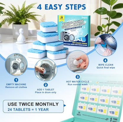 Washing Machine Cleaner Tablets and Deodorizer: 24 Pack Laundry Machine Tub Descaler Cleaner, Deep Cleaning Household Pods for HE Front Loader Top Load Washer, Septic-Safe Eco-Friendly - 1 Year Supply
