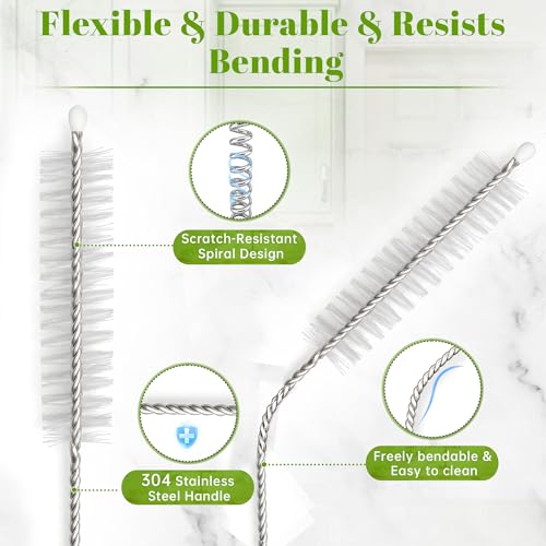 Straw Cleaner Brush Set, 10 Pieces 10 Inch Stainless Steel Handle Straw Brush Set, Extra Long Straw Brush for Tumbler, Sippy Cup, Water Bottle and Tubes - size: 10 inch white