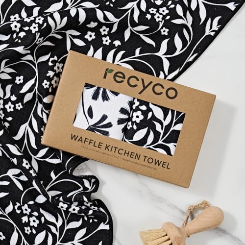 RECYCO Waffle Kitchen Towel Set of 2 - Quick Dry Microfiber Sustainable Dish Towels - Ultra Absorbent Reusable Cleaning Tea Towels - Lightweight Hand Towels,16”x 28”, Black & White Florals - color: Black & White Florals