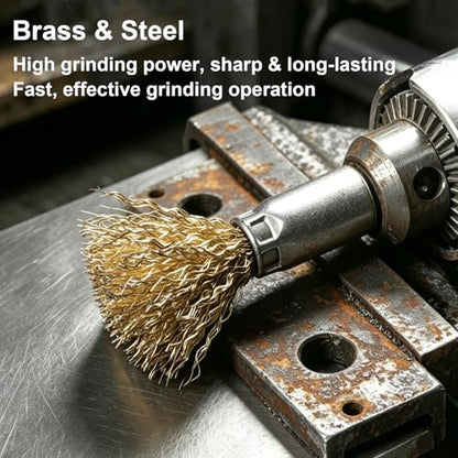 Brass Coated Wire Brush Set for Drill, 1/4 Inch Shank,Crimped Carbon Steel Bristles for Rust Removal, Paint Stripping, Corrosion Cleaning, Surface Scrubbing, Deburring (10mm,20pcs) - size: 10mm,20pcs