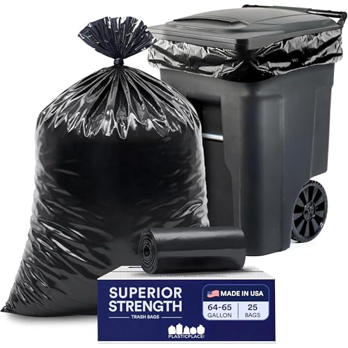 Plasticplace 64-65 Gallon Black Trash Bags, Heavy Duty Toter Can Liners, Tear & Leak-Proof, Industrial Strength, 25 Count, Large Garbage Bags for Kitchen & Commercial Use 1.2 Mil, 50" x 60" - size: 1 Count (Pack of 25)