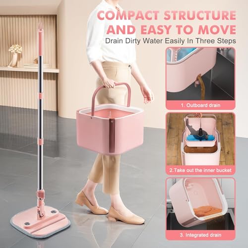 Spin Mop and Bucket System Kit, Self-Separating Cleaning Soil, Foldable Square Mop Bucket Head with Washable Interchangeable Mop Pads, Pink (Mop Set with 6PC Pads) - size: 2.0 Mop and Bucket Set (6 pads)