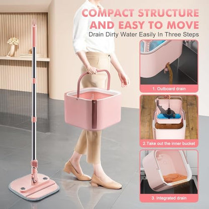 Spin Mop and Bucket System Kit, Self-Separating Cleaning Soil, Foldable Square Mop Bucket Head with Washable Interchangeable Mop Pads, Pink (Mop Set with 6PC Pads) - size: 2.0 Mop and Bucket Set (6 pads)