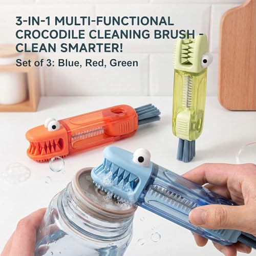 3 in 1 Cup Lid Cleaning Brush, 360° Rotating Bottle Brush for Water Bottles, Multifunctional Crevice Cleaner for Tumblers Kitchen (Crocodile) - color: Crocodile