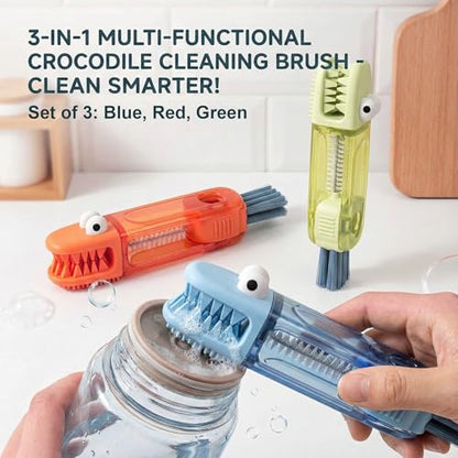3 in 1 Cup Lid Cleaning Brush, 360° Rotating Bottle Brush for Water Bottles, Multifunctional Crevice Cleaner for Tumblers Kitchen (Crocodile) - color: Crocodile
