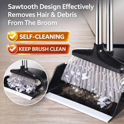 Broom and Dustpan Set with Long Handle and 6 Bonus Cleaning Tools, Upright Standing Combo with Self-Cleaning Teeth & Windproof Dustpan for Pet Hair, Home, Kitchen, Garage, Apartment - color: Black&grey