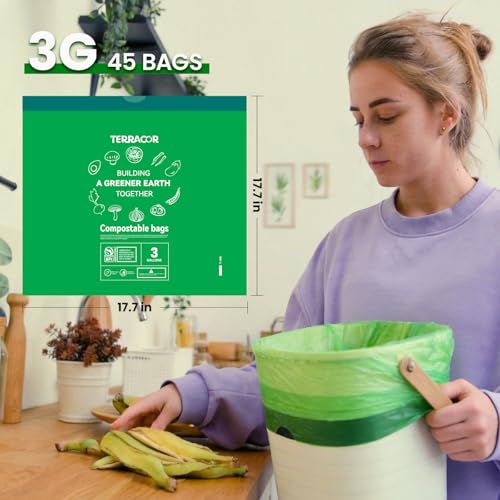 3 Gallon Compostable Trash Bags Drawstring, Heavy Duty Extra Thick 0.9 Mil, 45 Bags, Fits 2.6, 3, 4, 5 Gallon Countertop Bin Kitchen Food Scrap Waste Bag, ASTM D6400 - size: 3 Gallon
