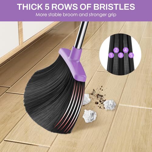 Broom and Dustpan Set for Home, 51-in Long Adjustable Handle Angle Broom and Dustpan Combo Set with Dust Pan Teeth to Clean Hair for Home Kitchen Office Lobby Floor Garden (Black&Purple) - color: Black Purple