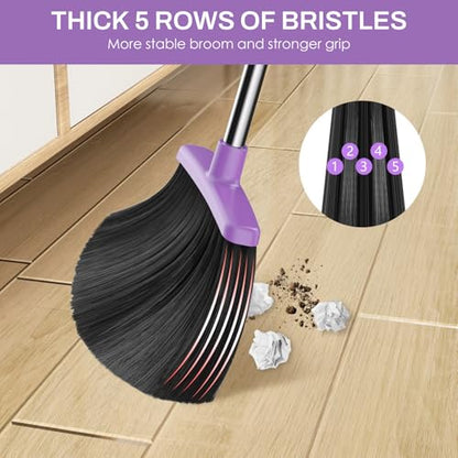 Broom and Dustpan Set for Home, 51-in Long Adjustable Handle Angle Broom and Dustpan Combo Set with Dust Pan Teeth to Clean Hair for Home Kitchen Office Lobby Floor Garden (Black&Purple) - color: Black Purple
