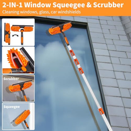 4-30 Ft Window Squeegee Cleaning Kit, Window Washing Kit with Extension Pole, 2-in-1 Window Cleaner Tool with Long Handle Scrubber for Outdoor Indoor Use (Microfiber Feather Duster & Cobweb Duster)