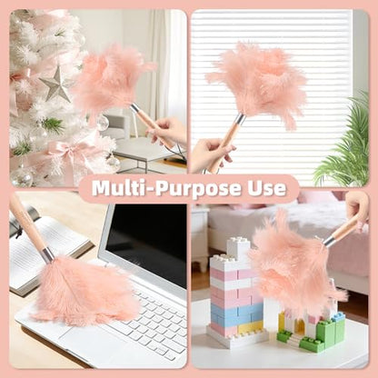 Pink Ostrich Feather Duster with Wooden Handle, 13.5 inch Natural Fluffy Cleaning Tool for Dusting Home, Car, Delicate Surfaces, Reusable Decorative Duster for Ledges, Blinds & Delicate Home Decor